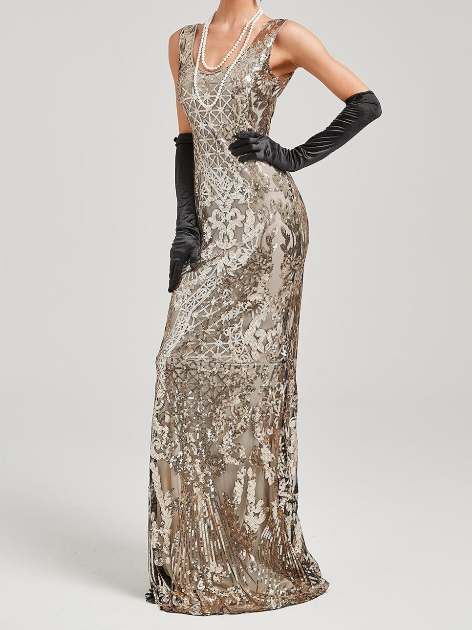 Vintage Off-the-Shoulder A-Line Princess Dress in Floor-Length Sleeveless Sequin Design