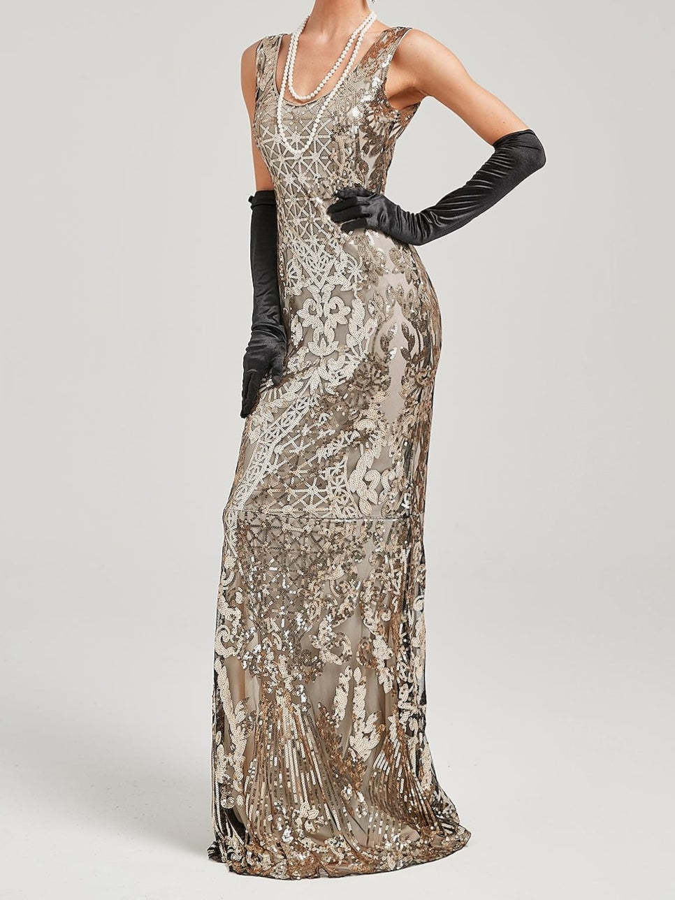 Vintage Off-the-Shoulder A-Line Princess Dress in Floor-Length Sleeveless Sequin Design