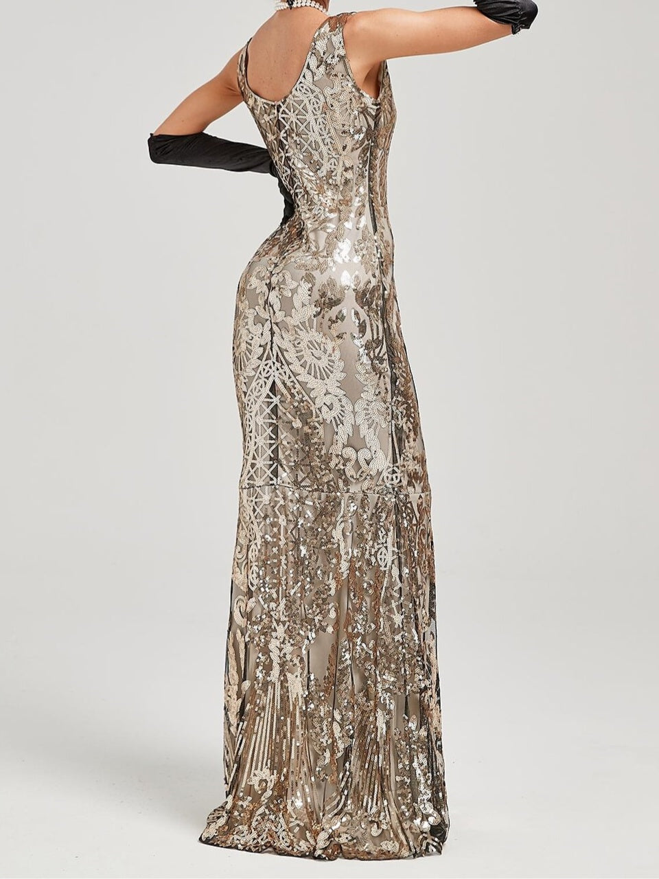 Vintage Off-the-Shoulder A-Line Princess Dress in Floor-Length Sleeveless Sequin Design