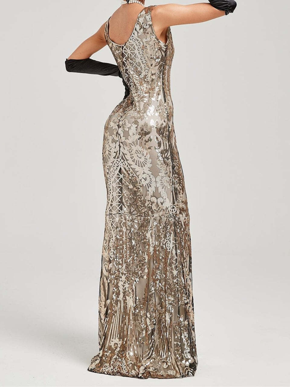 Vintage Off-the-Shoulder A-Line Princess Dress in Floor-Length Sleeveless Sequin Design