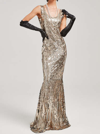 Vintage Off-the-Shoulder A-Line Princess Dress in Floor-Length Sleeveless Sequin Design