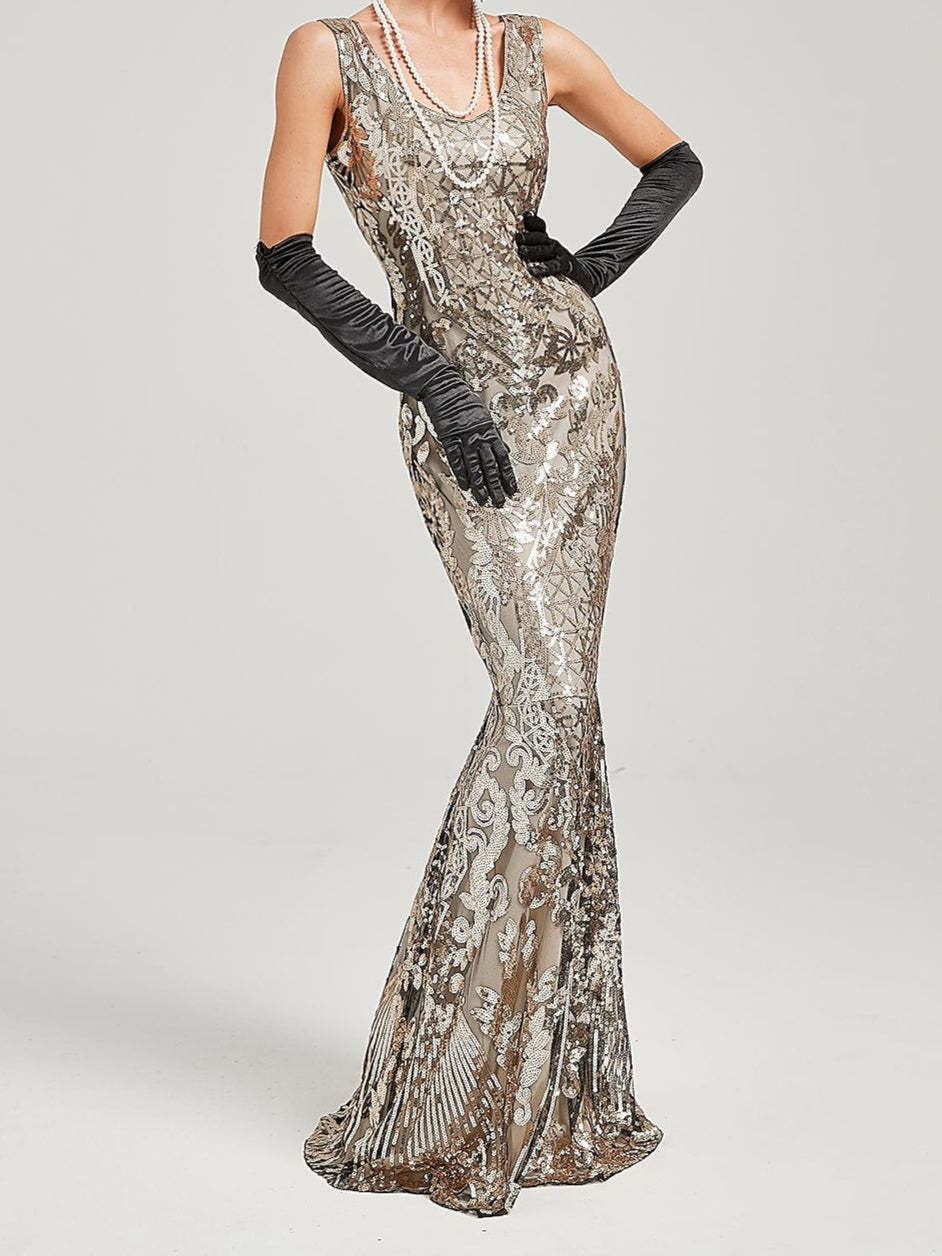 Vintage Off-the-Shoulder A-Line Princess Dress in Floor-Length Sleeveless Sequin Design