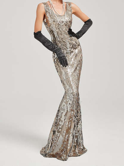 Vintage Off-the-Shoulder A-Line Princess Dress in Floor-Length Sleeveless Sequin Design