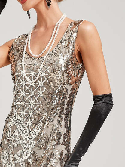 Vintage Off-the-Shoulder A-Line Princess Dress in Floor-Length Sleeveless Sequin Design