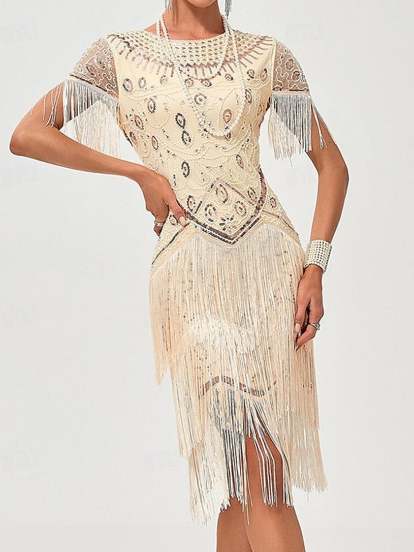 Vintage A-Line Princess Dress with Jewel Neck Short Sleeves Knee Length Tassel Fringe and Sequins