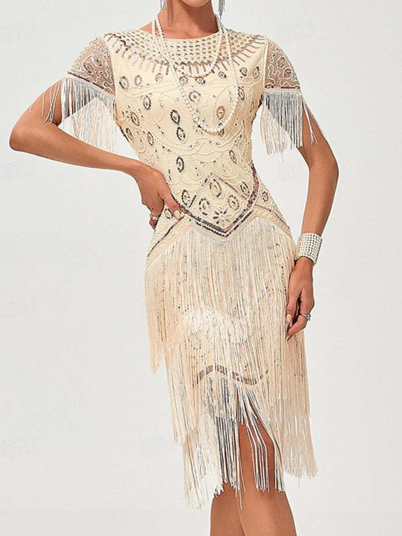 Vintage A-Line Princess Dress with Jewel Neck Short Sleeves Knee Length Tassel Fringe and Sequins