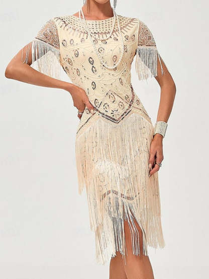 Vintage A-Line Princess Dress with Jewel Neck Short Sleeves Knee Length Tassel Fringe and Sequins