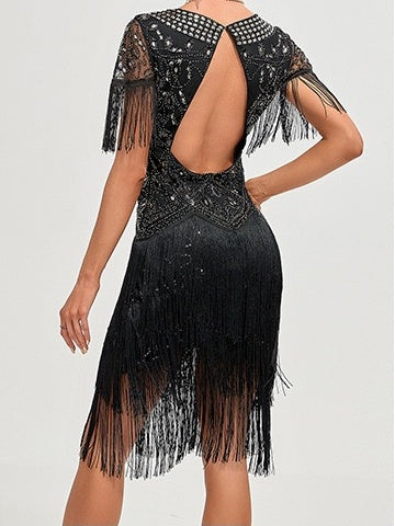 Vintage A-Line Princess Dress with Jewel Neck Short Sleeves Knee Length Tassel Fringe and Sequins