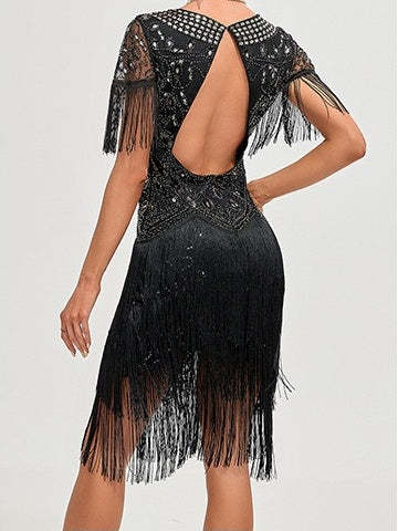 Vintage A-Line Princess Dress with Jewel Neck Short Sleeves Knee Length Tassel Fringe and Sequins