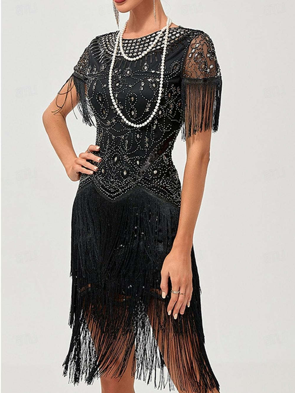 Vintage A-Line Princess Dress with Jewel Neck Short Sleeves Knee Length Tassel Fringe and Sequins