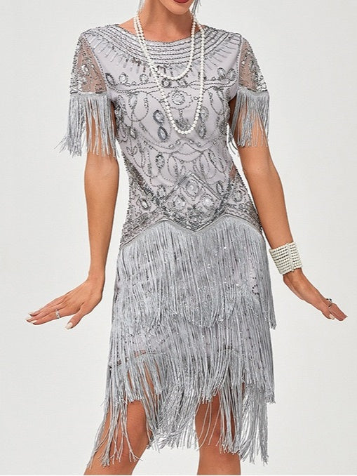 Vintage A-Line Princess Dress with Jewel Neck Short Sleeves Knee Length Tassel Fringe and Sequins