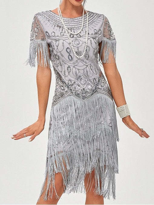 Vintage A-Line Princess Dress with Jewel Neck Short Sleeves Knee Length Tassel Fringe and Sequins