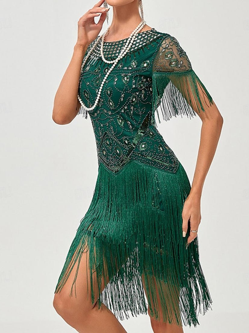 Vintage A-Line Princess Dress with Jewel Neck Short Sleeves Knee Length Tassel Fringe and Sequins