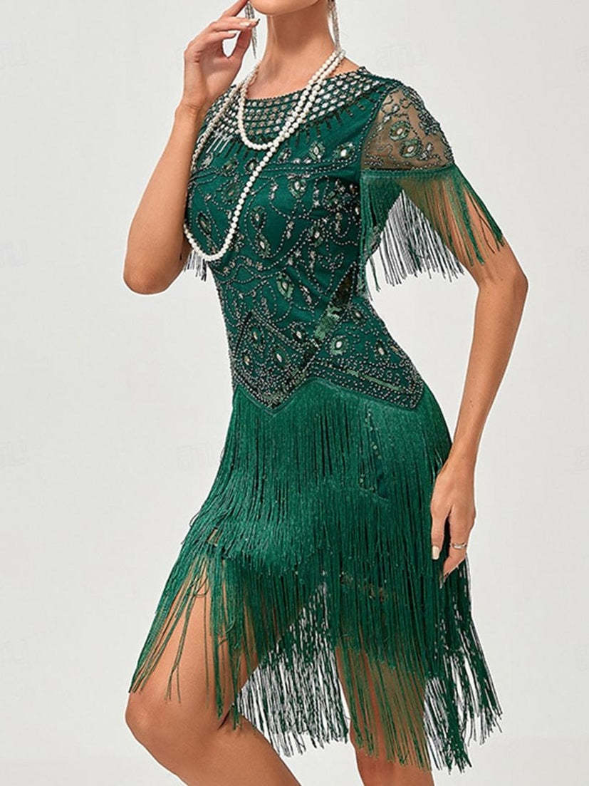 Vintage A-Line Princess Dress with Jewel Neck Short Sleeves Knee Length Tassel Fringe and Sequins