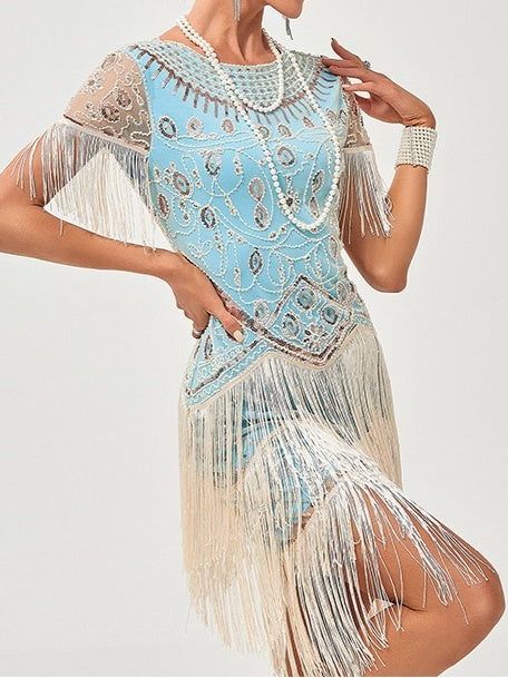 Vintage A-Line Princess Dress with Jewel Neck Short Sleeves Knee Length Tassel Fringe and Sequins