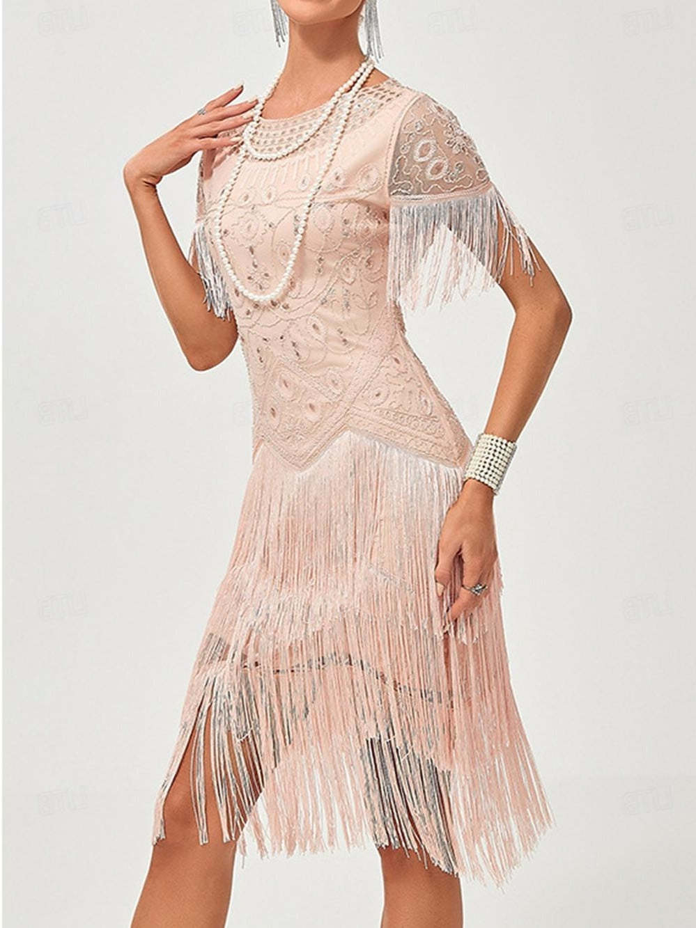 Vintage A-Line Princess Dress with Jewel Neck Short Sleeves Knee Length Tassel Fringe and Sequins