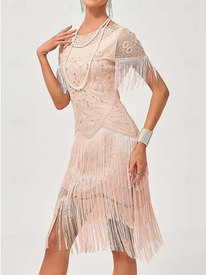 Vintage A-Line Princess Dress with Jewel Neck Short Sleeves Knee Length Tassel Fringe and Sequins