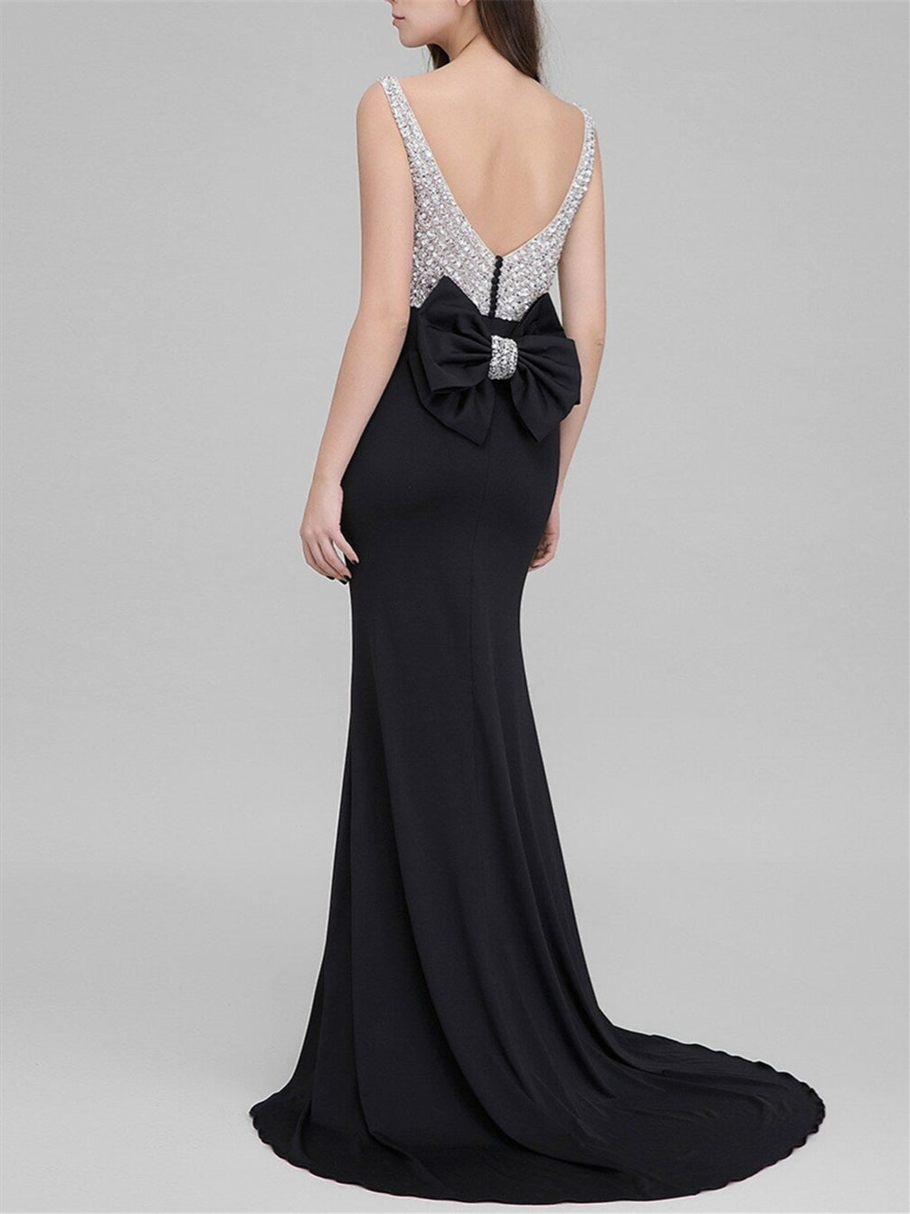 Evening Dresses with Scoop Neck Court Train and Beaded Bow(s) in Mermaid/Trumpet Style