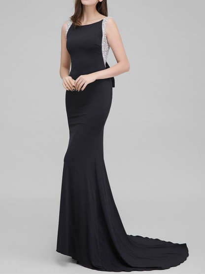 Evening Dresses with Scoop Neck Court Train and Beaded Bow(s) in Mermaid/Trumpet Style
