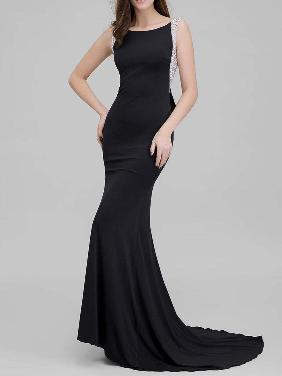 Evening Dresses with Scoop Neck Court Train and Beaded Bow(s) in Mermaid/Trumpet Style