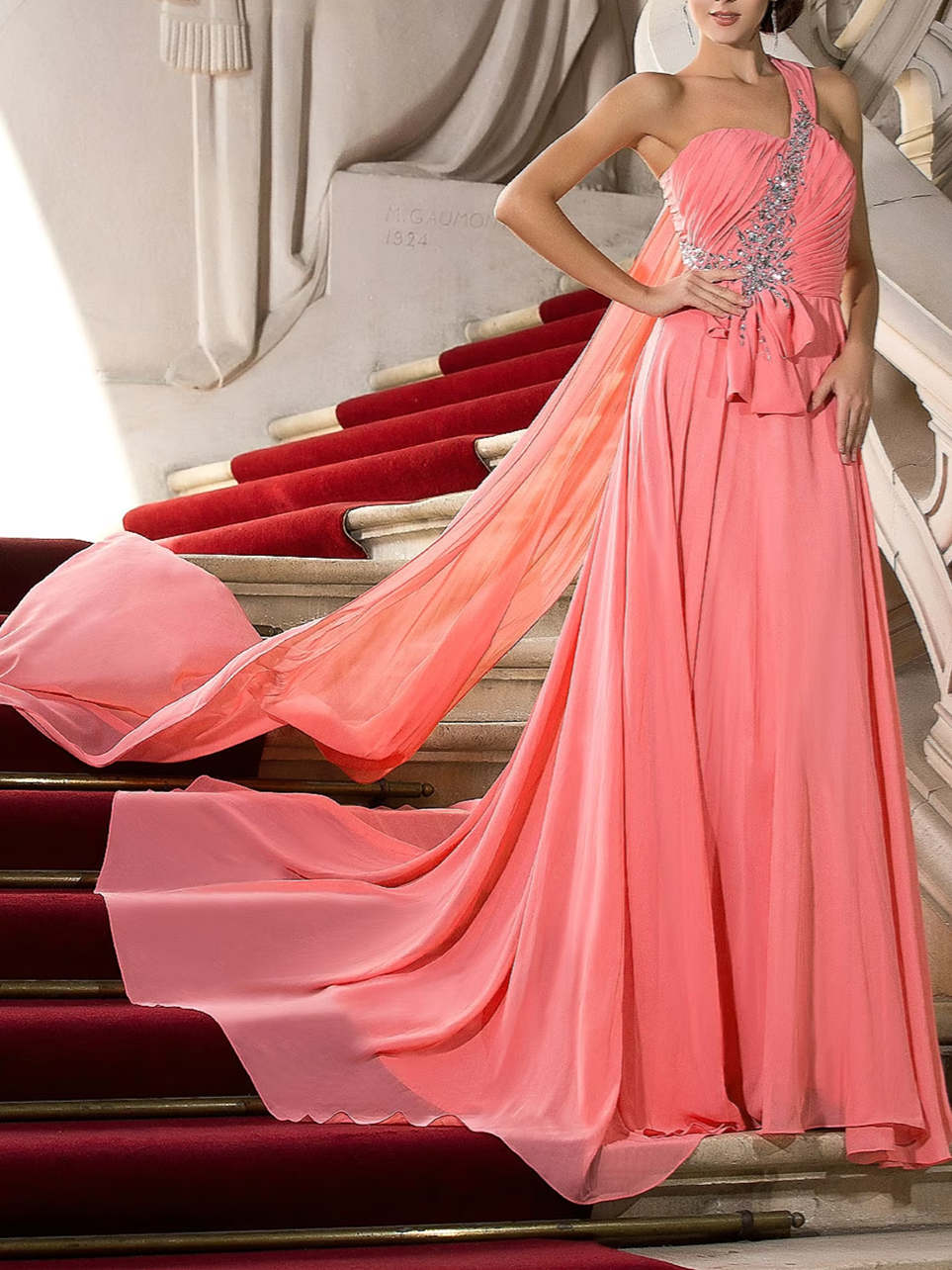 One-Shoulder A-Line Princess Evening Gown with Crystal Draping and Court Train