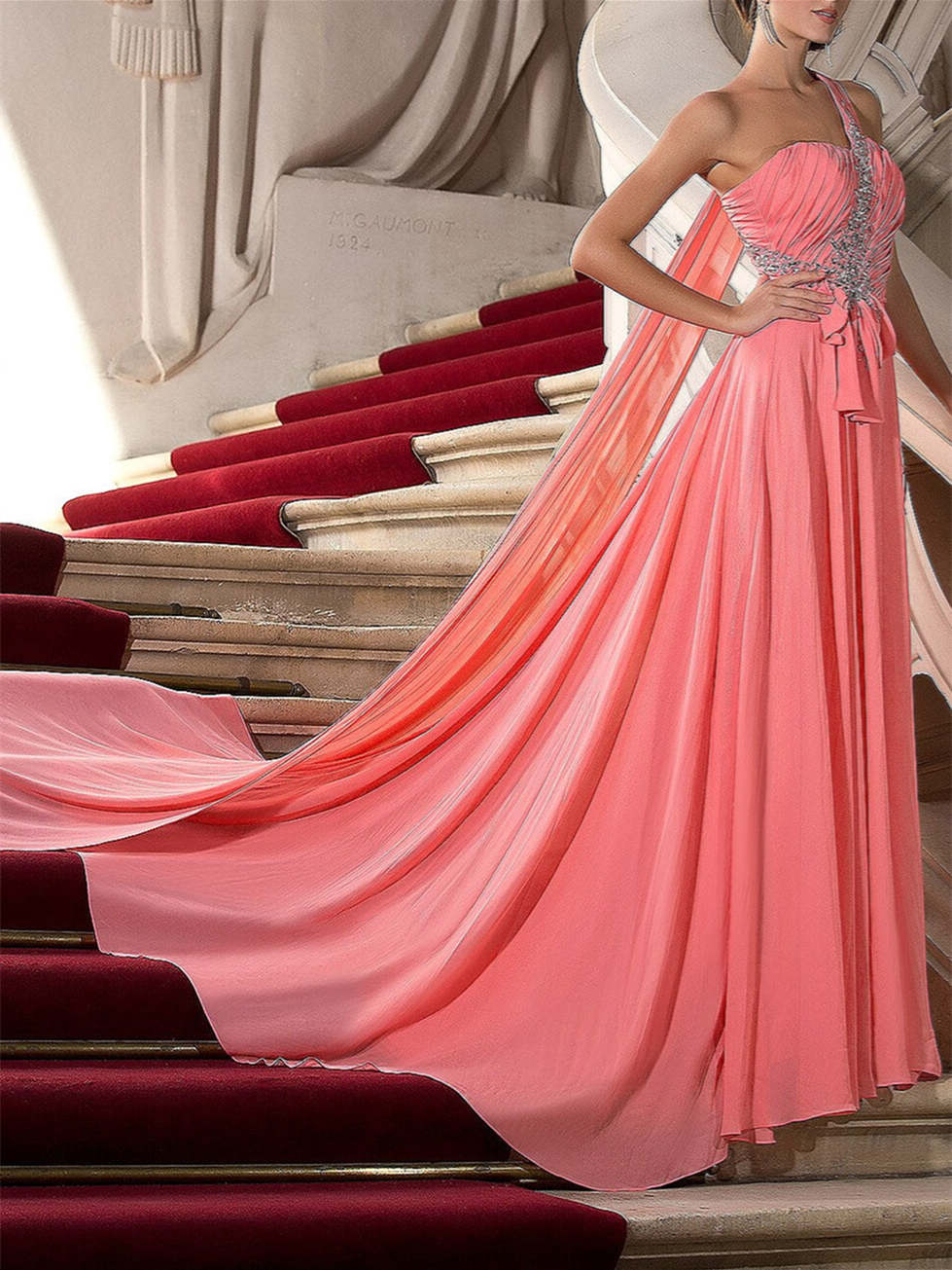 One-Shoulder A-Line Princess Evening Gown with Crystal Draping and Court Train
