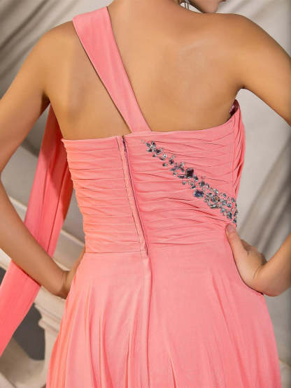 One-Shoulder A-Line Princess Evening Gown with Crystal Draping and Court Train