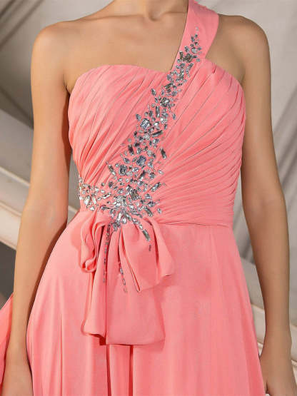 One-Shoulder A-Line Princess Evening Gown with Crystal Draping and Court Train