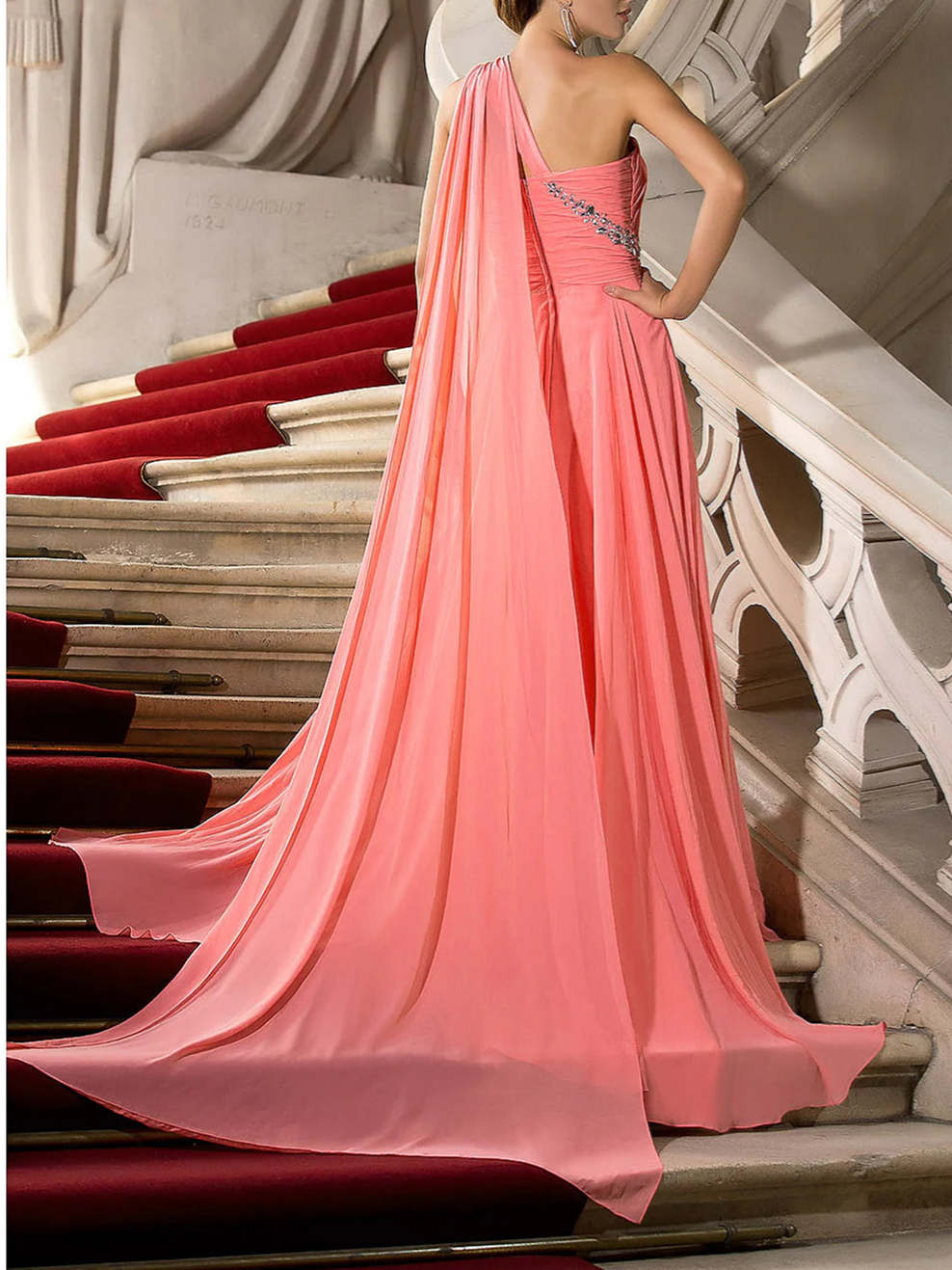 One-Shoulder A-Line Princess Evening Gown with Crystal Draping and Court Train