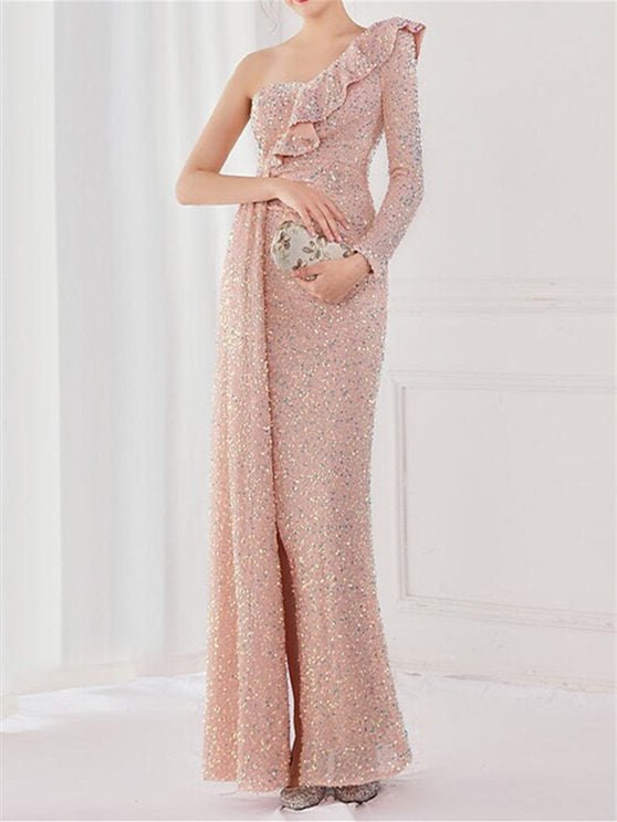 One-Shoulder Floor-Length Mermaid/Trumpet Evening Gown with Sequin Slit