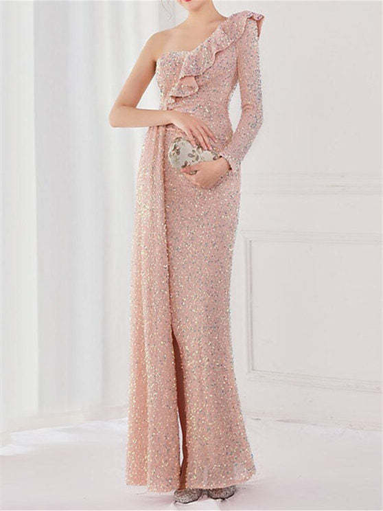 One-Shoulder Floor-Length Mermaid/Trumpet Evening Gown with Sequin Slit