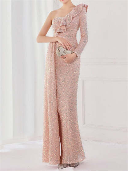One-Shoulder Floor-Length Mermaid/Trumpet Evening Gown with Sequin Slit