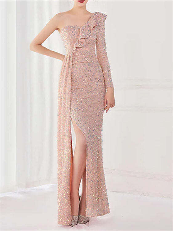 One-Shoulder Floor-Length Mermaid/Trumpet Evening Gown with Sequin Slit