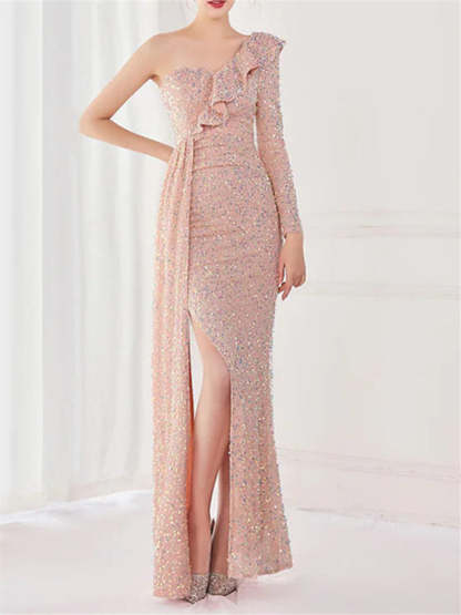 One-Shoulder Floor-Length Mermaid/Trumpet Evening Gown with Sequin Slit