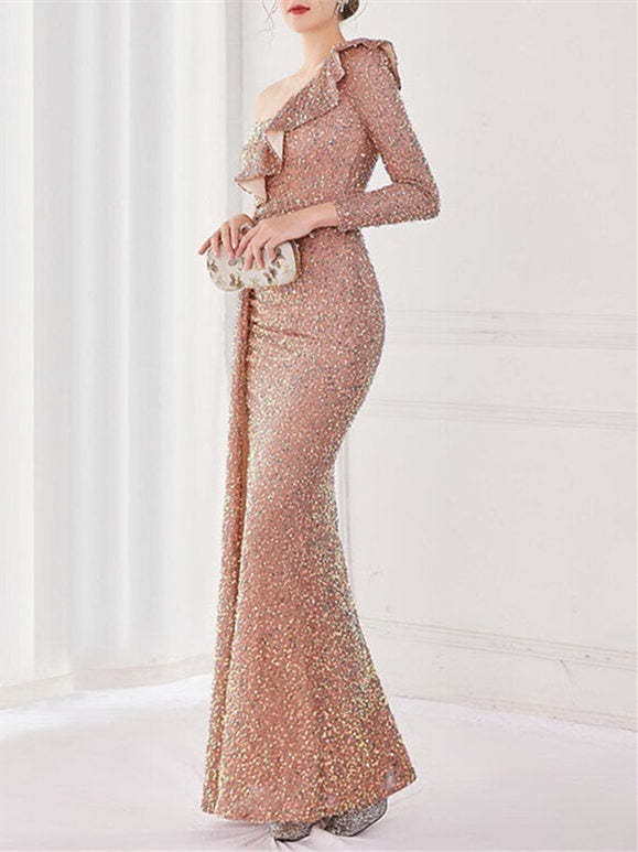 One-Shoulder Floor-Length Mermaid/Trumpet Evening Gown with Sequin Slit