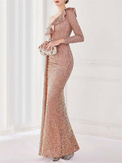 One-Shoulder Floor-Length Mermaid/Trumpet Evening Gown with Sequin Slit