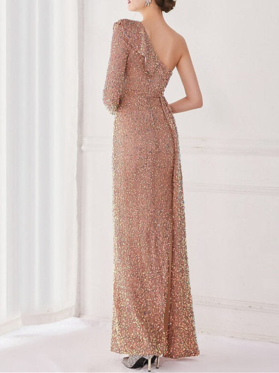 One-Shoulder Floor-Length Mermaid/Trumpet Evening Gown with Sequin Slit