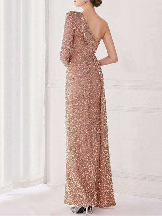 One-Shoulder Floor-Length Mermaid/Trumpet Evening Gown with Sequin Slit