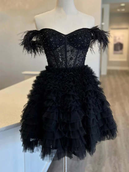 Sleeveless A-Line Mini Cocktail Dress with Ruffles and Feathers for Party or Homecoming
