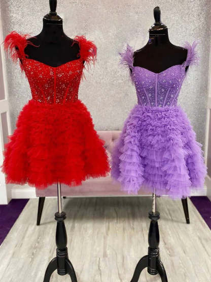 Sleeveless A-Line Mini Cocktail Dress with Ruffles and Feathers for Party or Homecoming