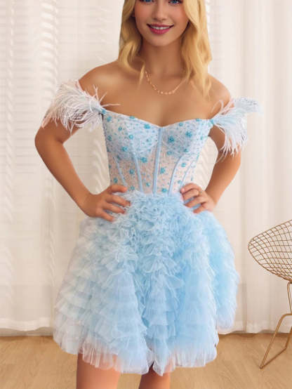 Sleeveless A-Line Mini Cocktail Dress with Ruffles and Feathers for Party or Homecoming