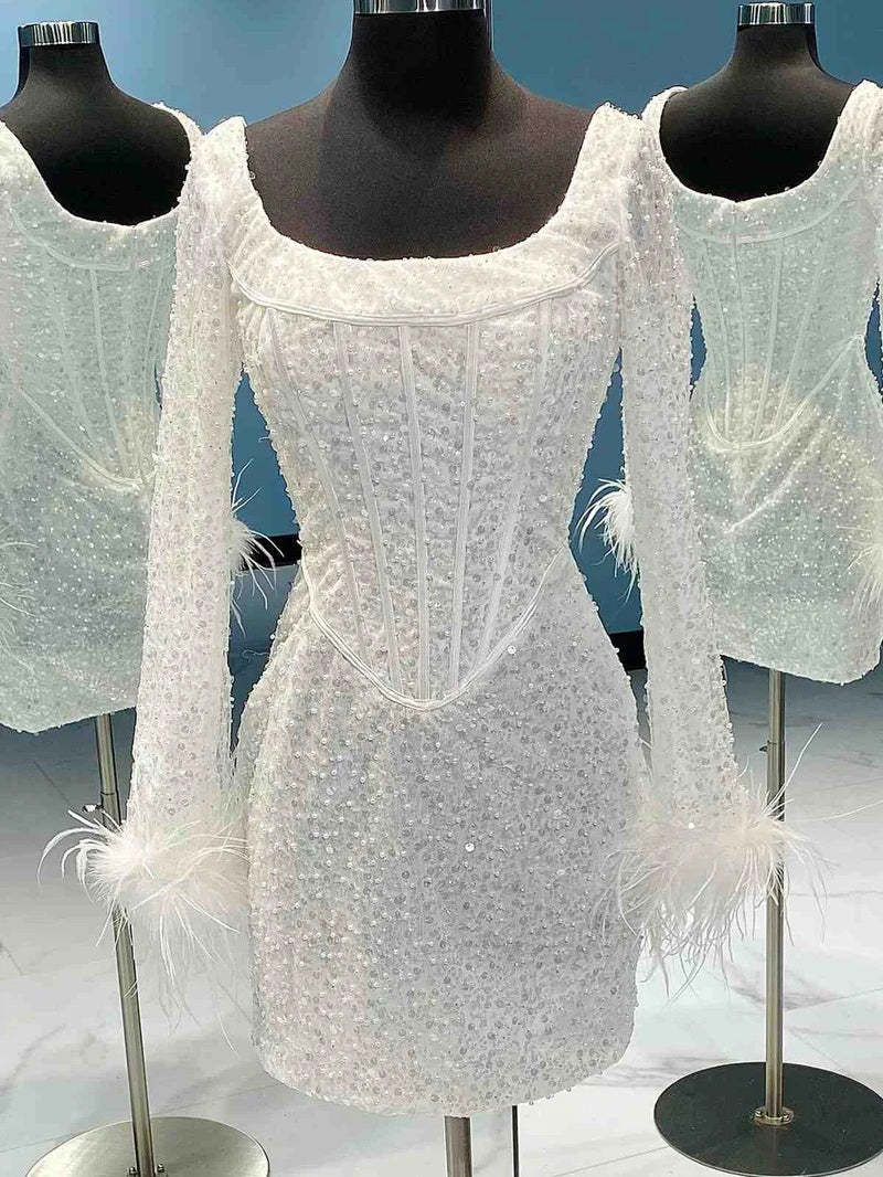 Feather-Adorned Scoop Neck Long Sleeve Mini Dress for Cocktail Parties