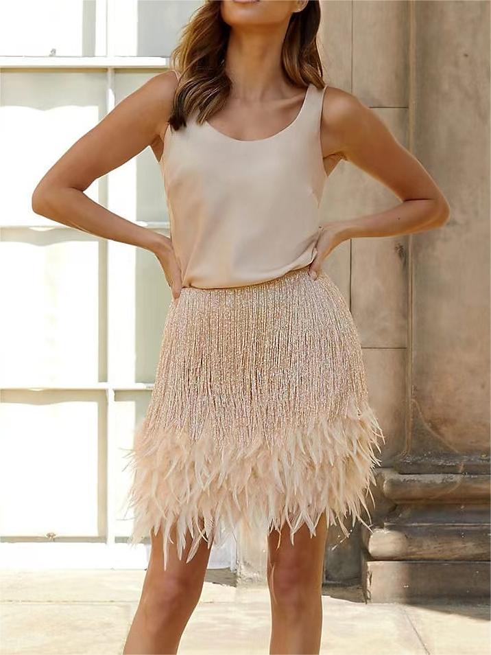 Vintage Sleeveless Mini Dress with Feather and Jewel Neckline