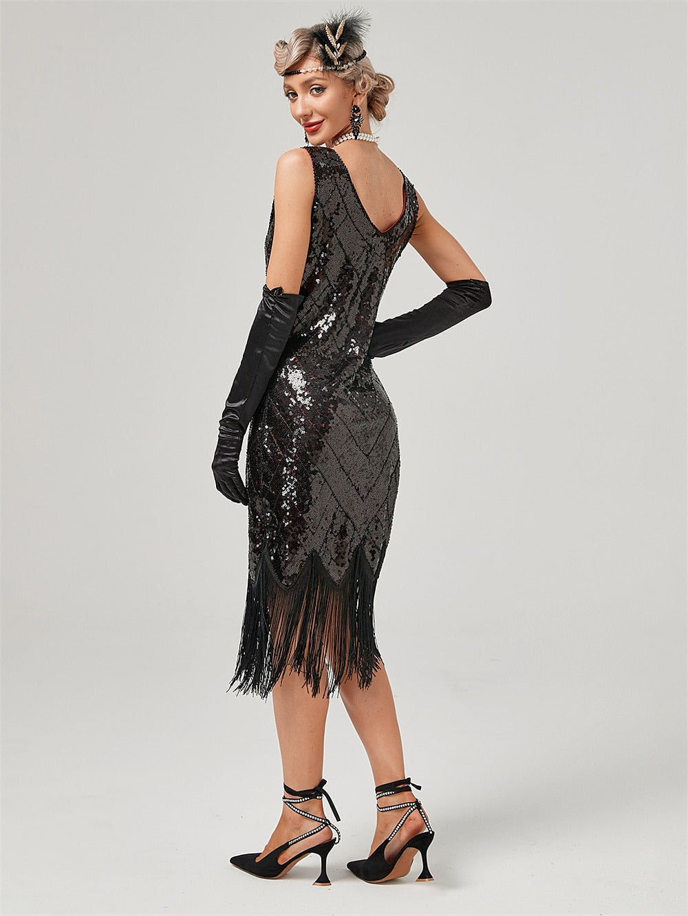 Vintage Off-the-Shoulder A-Line Dress with Jewel Neck Sequins and Tassel Fringe