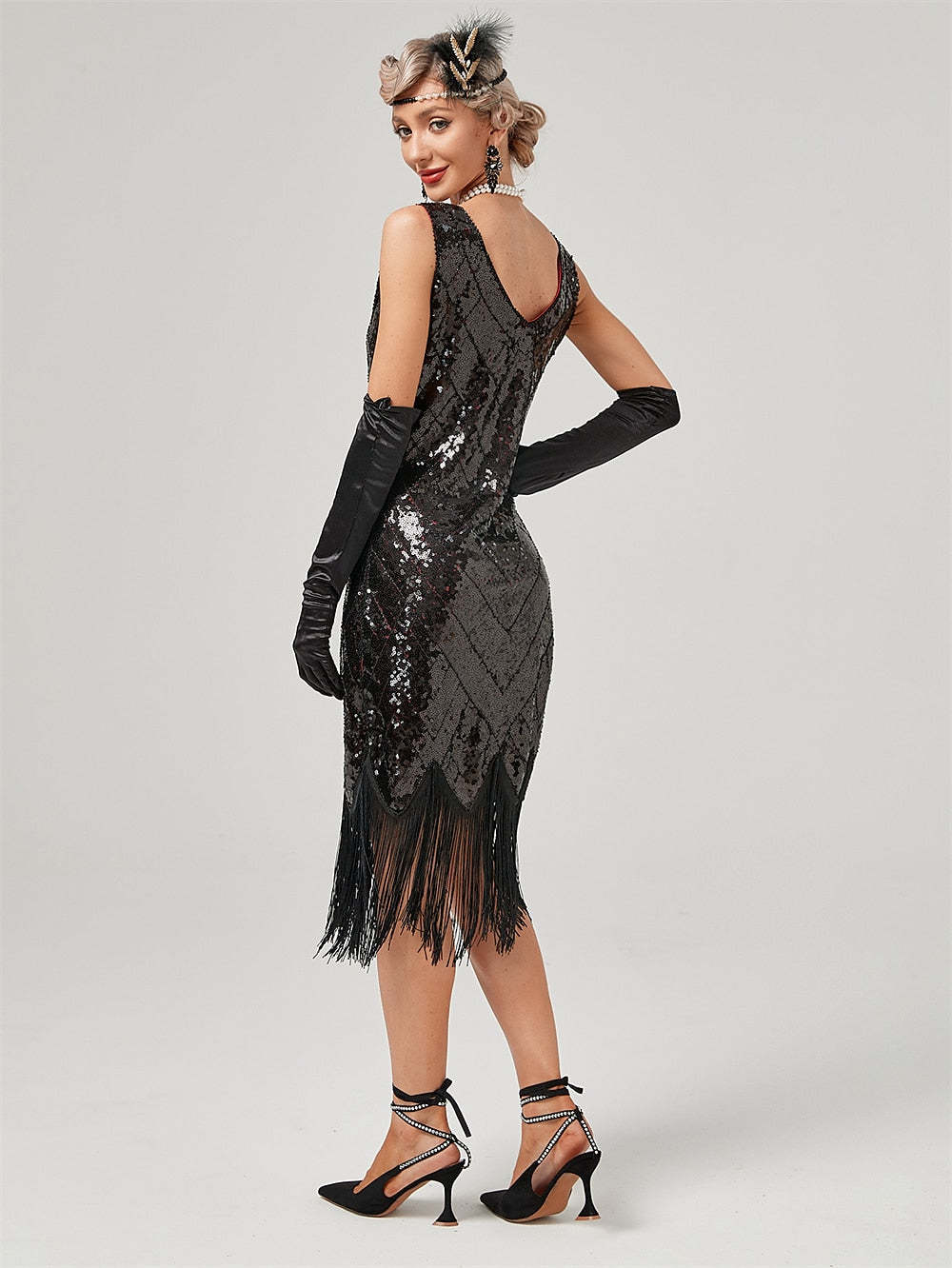 Vintage Off-the-Shoulder A-Line Dress with Jewel Neck Sequins and Tassel Fringe