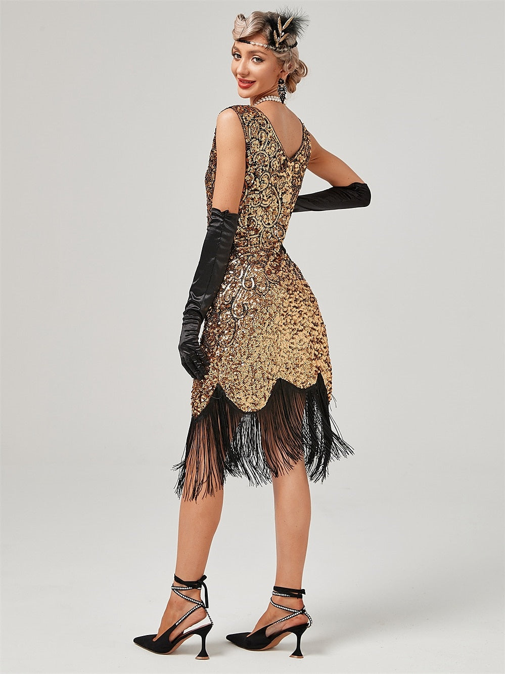 Vintage Off-the-Shoulder A-Line Dress with Jewel Neck Sequins and Tassel Fringe