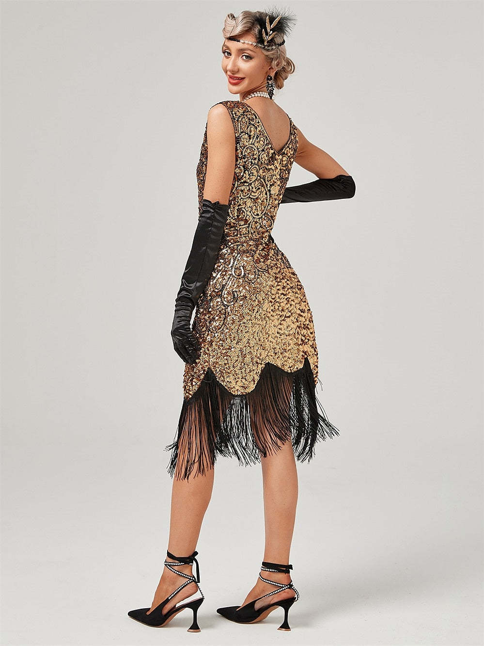 Vintage Off-the-Shoulder A-Line Dress with Jewel Neck Sequins and Tassel Fringe