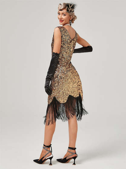 Vintage Off-the-Shoulder A-Line Dress with Jewel Neck Sequins and Tassel Fringe