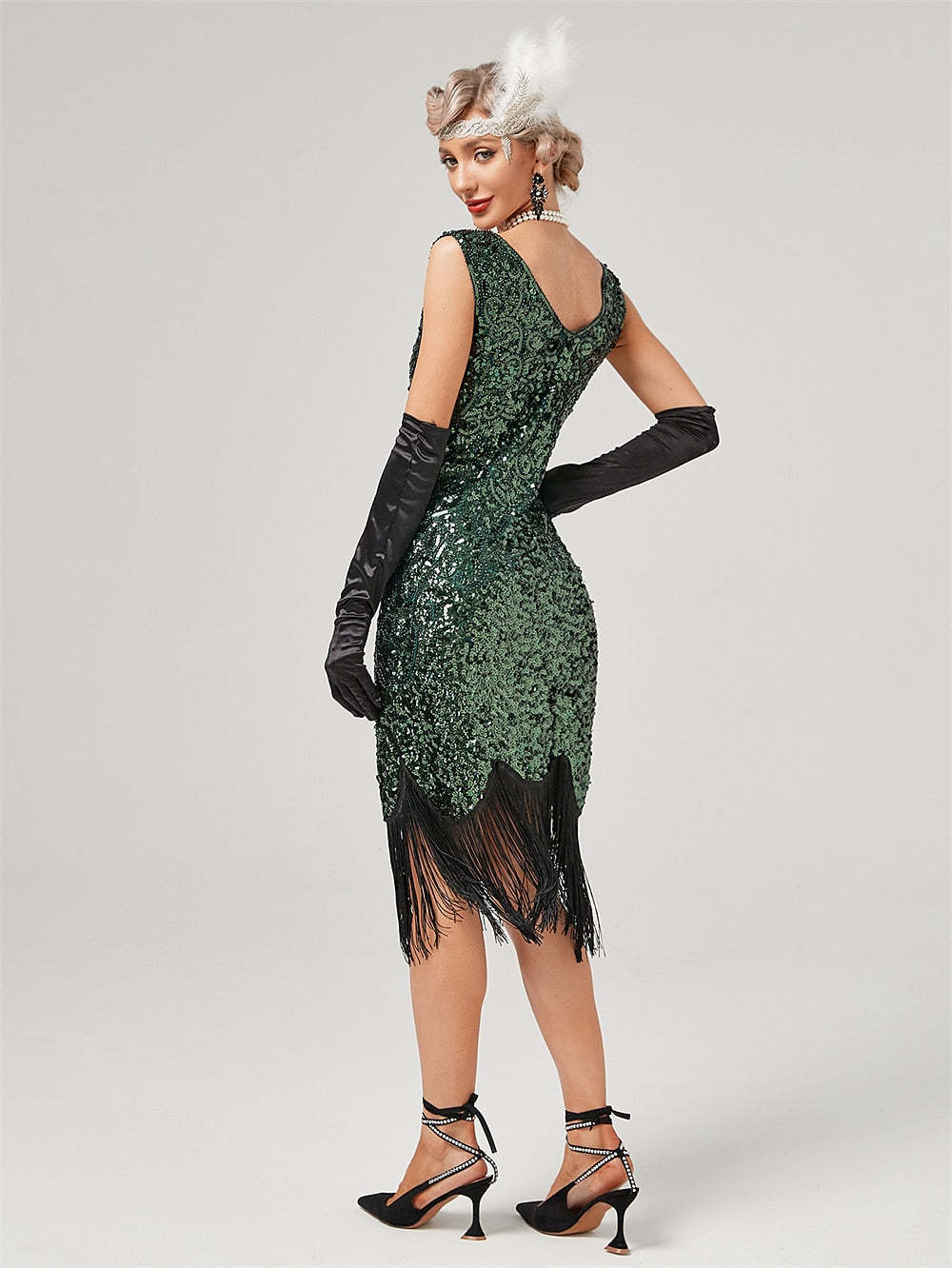 Vintage Off-the-Shoulder A-Line Dress with Jewel Neck Sequins and Tassel Fringe