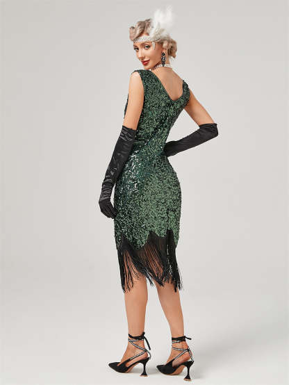 Vintage Off-the-Shoulder A-Line Dress with Jewel Neck Sequins and Tassel Fringe